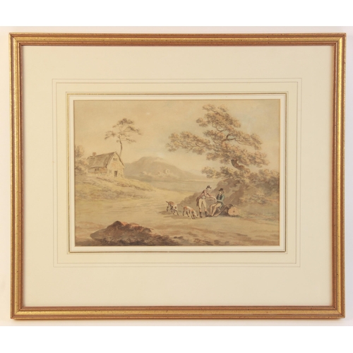 286 - Attributed to Peter Le Cave (1781 – 1806),
Gentleman shooting with hounds,
Watercolour on paper,
20.... 