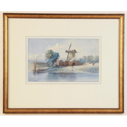 288 - Dutch School (19th century),
A windmill with boat and figures,
Watercolour on paper,
Unsigned,
14cm ... 