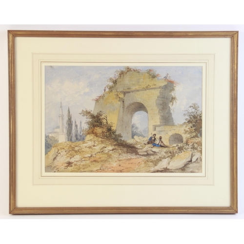 291 - William Page (British, 1794-1872),
An architectural capriccio with figures, 
Watercolour on paper,
U... 