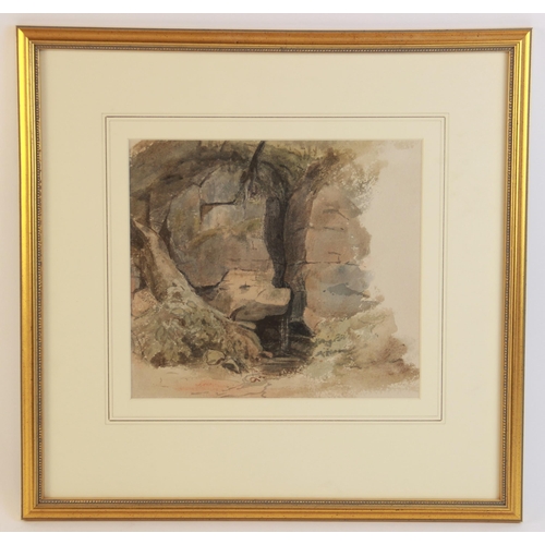 292 - Peter de Wint (1784-1849),
A rocky cave with waterfall
Unsigned, named and titled verso,
22cm x 24.5... 