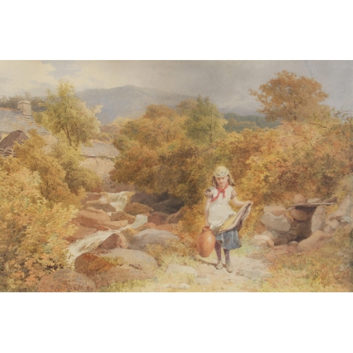 298 - John Henry Mole (1814-1866),
A young girl carrying water from a stream,
Watercolour on paper,
Signed... 