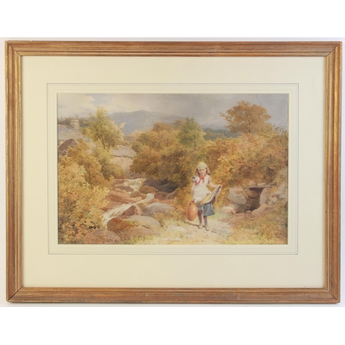 298 - John Henry Mole (1814-1866),
A young girl carrying water from a stream,
Watercolour on paper,
Signed... 