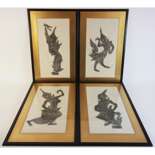 329 - Four rubbings on paper, each depicting an Asian dancer (possibly Thai or Burmese), 20th century, eac... 