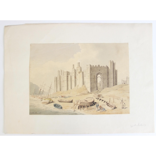 344 - Attributed to Paul Sandby (1730-1809), 
A castle ruin on a beach with fishing boats, 
Watercolour on... 