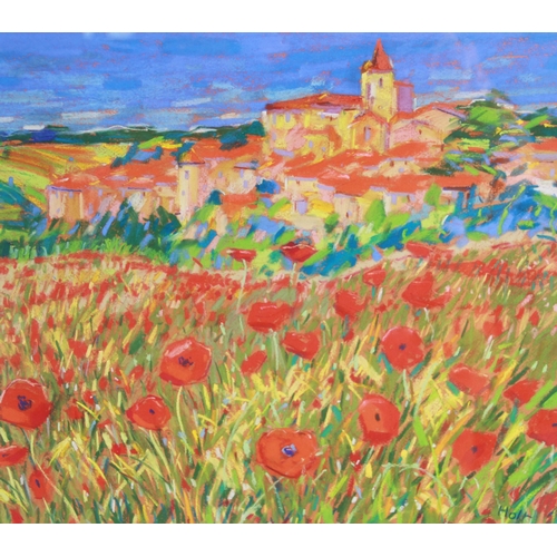 349 - John Holt (British, b.1949), 
Poppies in a Tuscan landscape with village beyond, 
Pastel on paper, 
... 