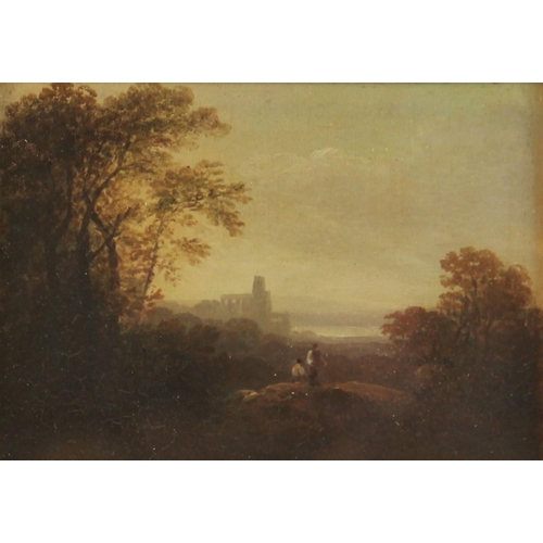 362 - T Burras (of Leeds) (British, 1790-1870), 
Landscape with figures on a knoll and cathedral beyond, 
... 