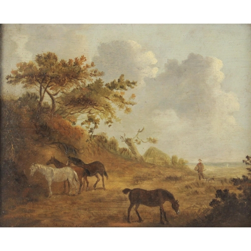 363 - George Morland (1763-1804),
A rural scene with ponies grazing,
Oil on panel,
Signed lower left,
Name... 