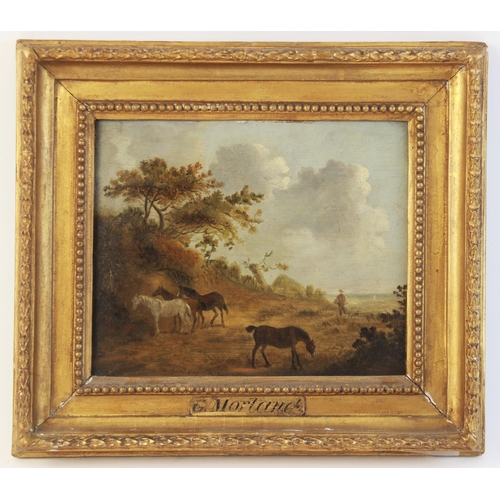 363 - George Morland (1763-1804),
A rural scene with ponies grazing,
Oil on panel,
Signed lower left,
Name... 