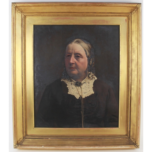 373 - American school (19th century), 
Portrait of a matriarch in lace collar and black dress, 
Oil on can... 