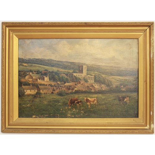 374 - English school (early 20th century), 
Cattle grazing in a field above a country church and village, ... 