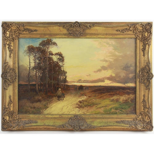 375 - English school (19th century), 
Figures following a cart on a country road at sunset, 
Oil on canvas... 