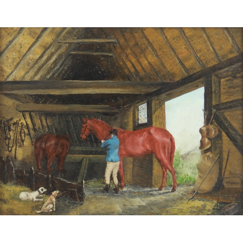 377 - Manner of William Henderson of Whitby (1844-1904), 
Horses and hounds in a stable, 
Oil on board, 
S... 