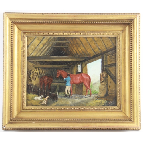 377 - Manner of William Henderson of Whitby (1844-1904), 
Horses and hounds in a stable, 
Oil on board, 
S... 