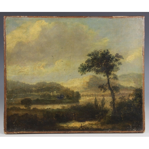 381 - Manner of Patrick Nasmyth (Scottish, 1787-1831), 
River landscape with a church on the far bank and ... 