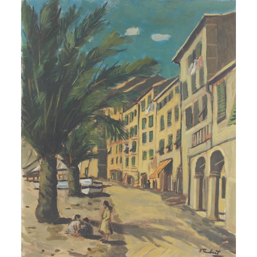 385 - Continental school (20th century), 
A Mediterranean seafront scene, 
Oil on canvas, 
Indistinctly si... 