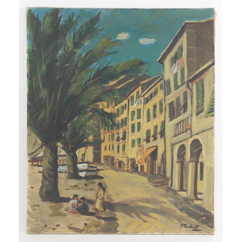 385 - Continental school (20th century), 
A Mediterranean seafront scene, 
Oil on canvas, 
Indistinctly si... 