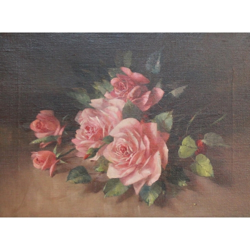 386 - English school (20th century), 
Two still lives with roses, 
Oil on canvas, 
Unsigned, 
Each 37cm x ... 