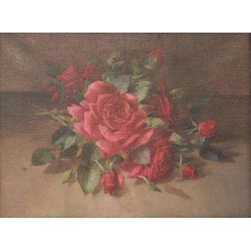 386 - English school (20th century), 
Two still lives with roses, 
Oil on canvas, 
Unsigned, 
Each 37cm x ... 