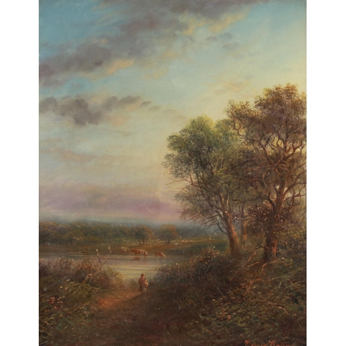 387 - English school (20th century), 
River scene with a figure on a path and cattle beyond, 
Oil on canva... 