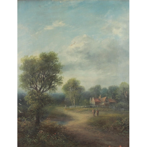 388 - English school (19th century), 
Figures on a path with manor house beyond, 
Oil on canvas, 
Indistin... 