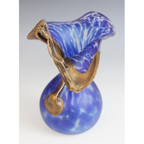 399 - An Art Nouveau bronze mounted mottled blue glass vase, late 19th or early 20th century, the baluster... 