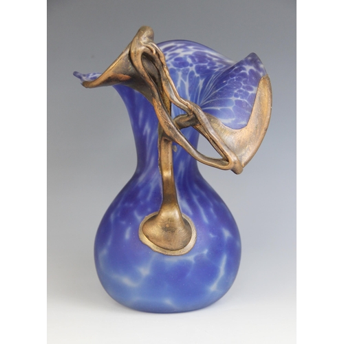 399 - An Art Nouveau bronze mounted mottled blue glass vase, late 19th or early 20th century, the baluster... 