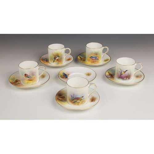 406 - Five Royal Worcester coffee cans and six saucers, each hand painted with gamebirds, comprising: Phea... 