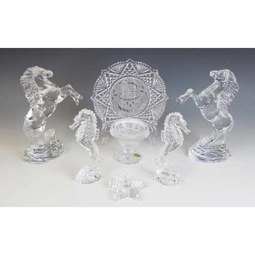 421 - A selection of Waterford Crystal pieces, comprising: two horses modelled rearing, etched maker's mar... 