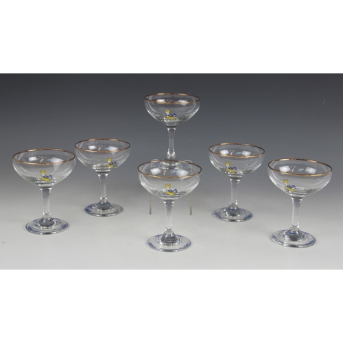 422 - A boxed set of six Babycham coupes, each with gilt rim, fawn motif and 