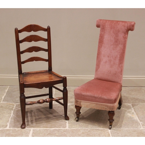 725 - A Victorian prie-dieu chair, in pink velour upholstery, raised upon turned rosewood baluster front l... 