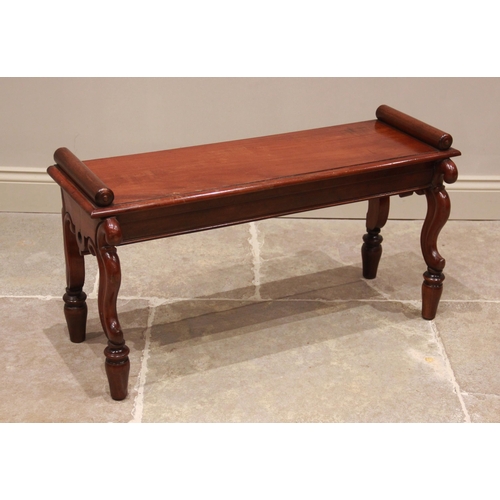 728 - A 19th century and later constructed mahogany window seat/hall bench, the rectangular moulded top ra... 