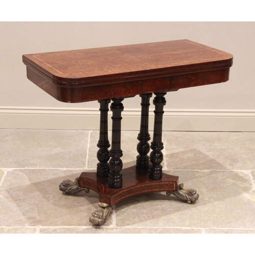 731 - A mid 19th century burr thuya and rosewood crossbanded pedestal card table, the quarter veneered top... 