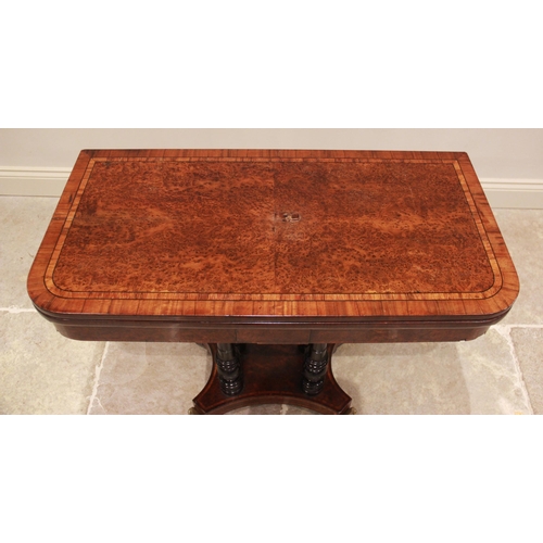 731 - A mid 19th century burr thuya and rosewood crossbanded pedestal card table, the quarter veneered top... 