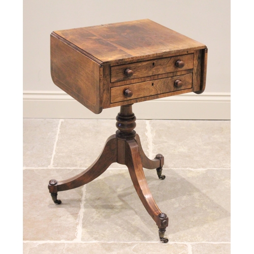 739 - A mid 19th century rosewood work/writing table, the rectangular drop leaf top above two drawers, the... 