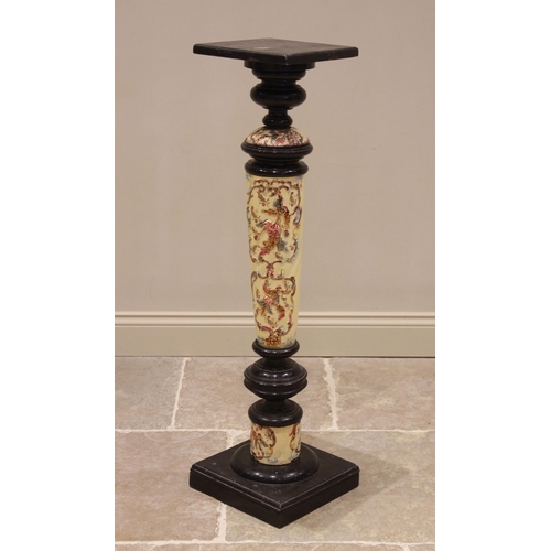 747 - An ebonised hardwood and pottery torchere, early 20th century, the square top above a turned ebonise... 