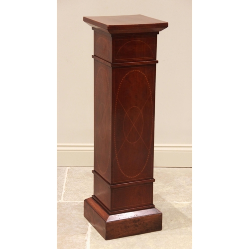 749 - An Edwardian inlaid mahogany pedestal, of square section form, overall inlaid with chequered banding... 