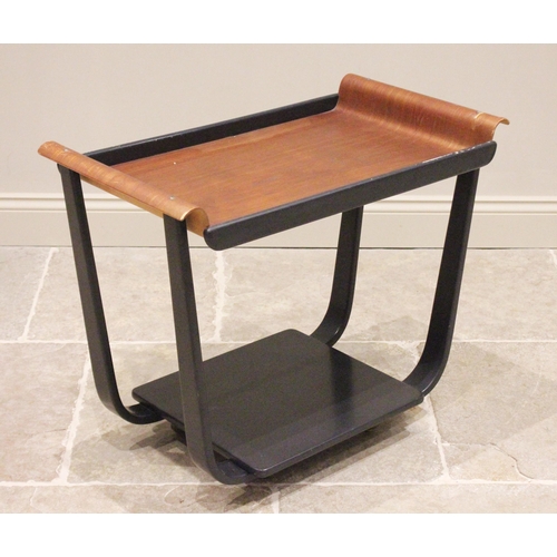 766 - A mid 20th century ebonised and teak drinks trolley, the rectangular top with ebonised galleried sid... 