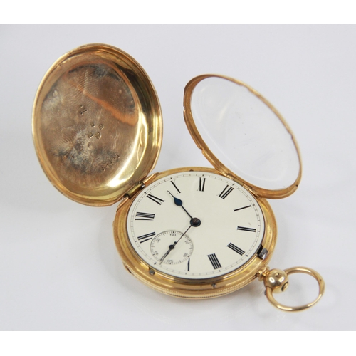 78 - A Victorian 18ct gold full hunter pocket watch, the circular white enamel dial with Roman numeral ma... 