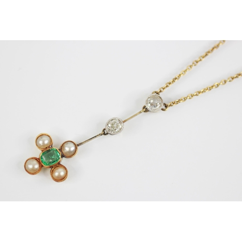 92 - An Edwardian emerald, diamond and pearl pendant, comprising two old cut diamonds, collet set to a kn... 