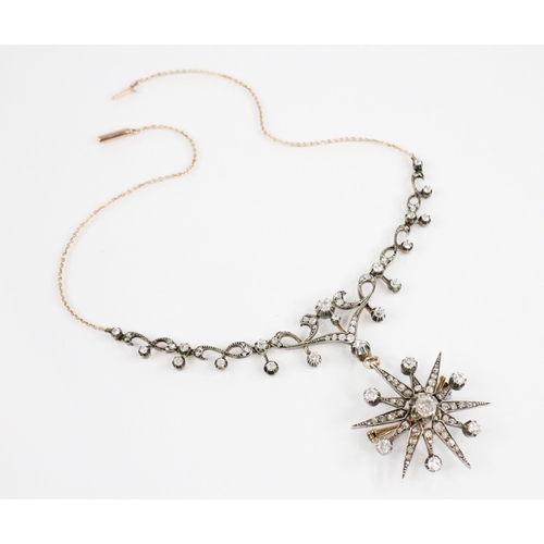 97 - A Victorian diamond necklace, designed as a diamond set starburst brooch pendant, with central old c... 