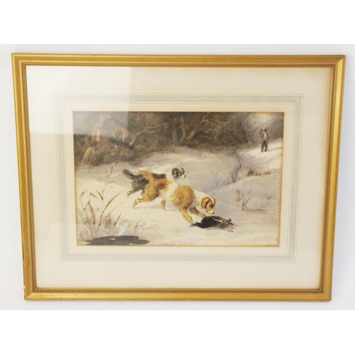 346 - Newton Smith Limbird Fielding (1799-1856),  
Hounds retrieving game in a snowy landscape, 
Watercolo... 