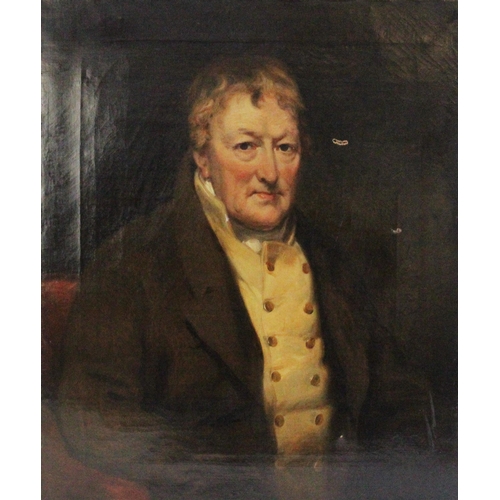 364 - English School (19th century), 
Half length portrait of an elderly gentleman, seated, with brown ove... 