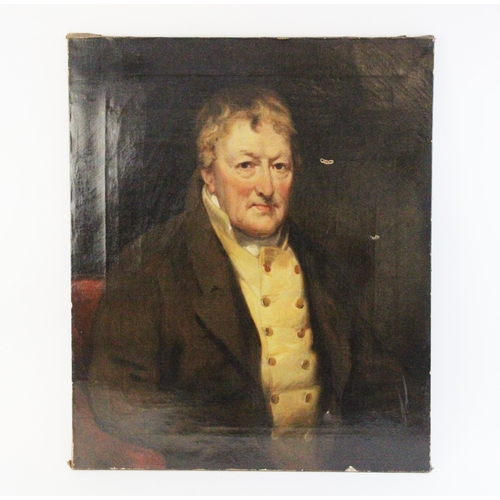 364 - English School (19th century), 
Half length portrait of an elderly gentleman, seated, with brown ove... 