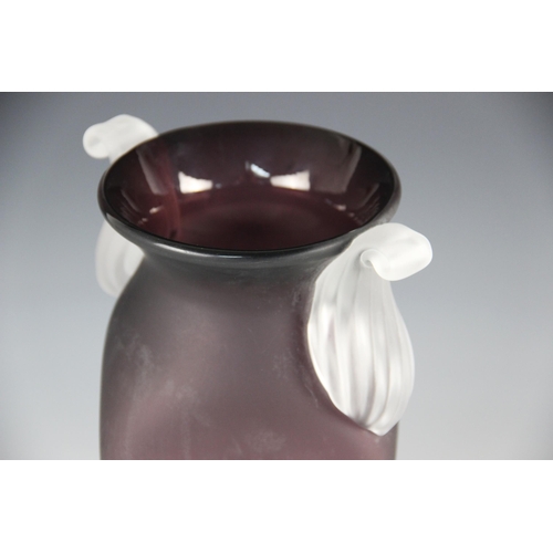 432 - A Steven Newell (contemporary British) studio glass vase, the etched amethyst body of square inverte... 