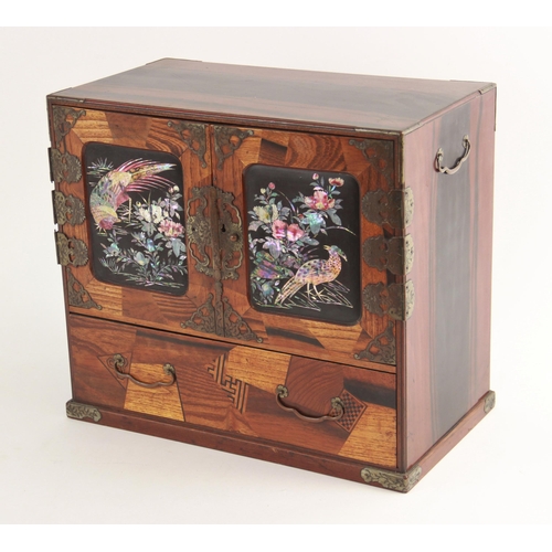 443 - A Japanese rosewood, parquetry and mother of pearl cabinet, early 20th century, the brass mounted do... 