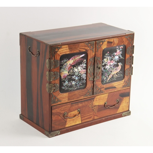 443 - A Japanese rosewood, parquetry and mother of pearl cabinet, early 20th century, the brass mounted do... 