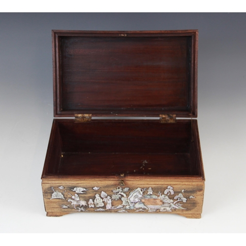 463 - A Chinese rosewood and mother of pearl inlaid box and cover, of rectangular form with hinged cover, ... 