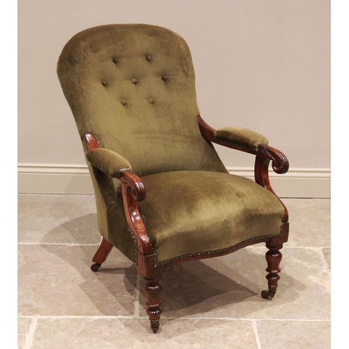 727 - A Victorian mahogany and upholstered open armchair, the button back extending to padded arms with ca... 