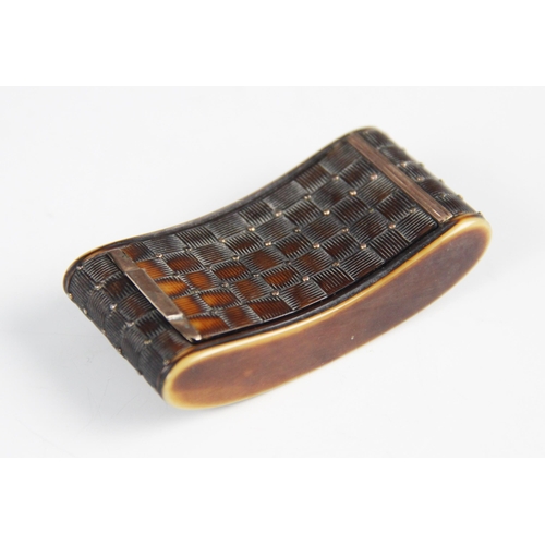 179 - A 19th century tortoiseshell snuff box, of curved rectangular form with chequered decoration, applie... 