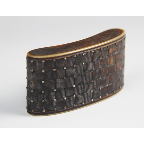 179 - A 19th century tortoiseshell snuff box, of curved rectangular form with chequered decoration, applie... 